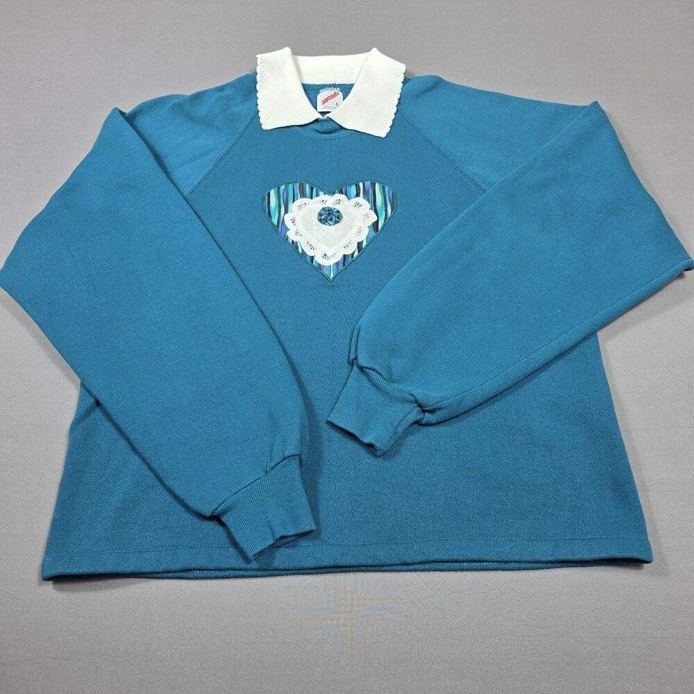 Vintage Grandma Sweatshirt Jerzees Women's Sz L Teal With Collar Heart Appliqué